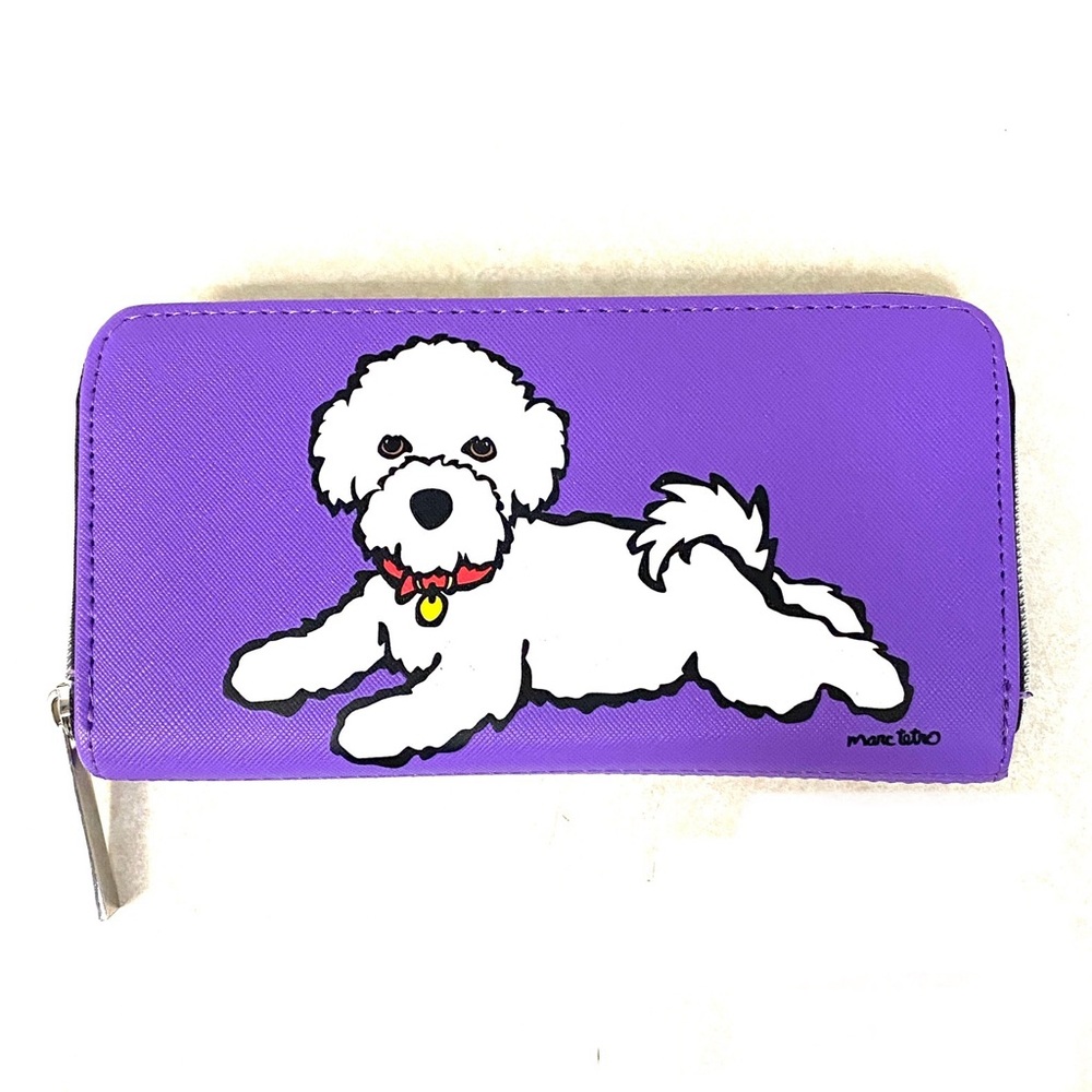 Marc Tetro Women's Zip Around Wallet Purple w/Bichon Frisse Dog